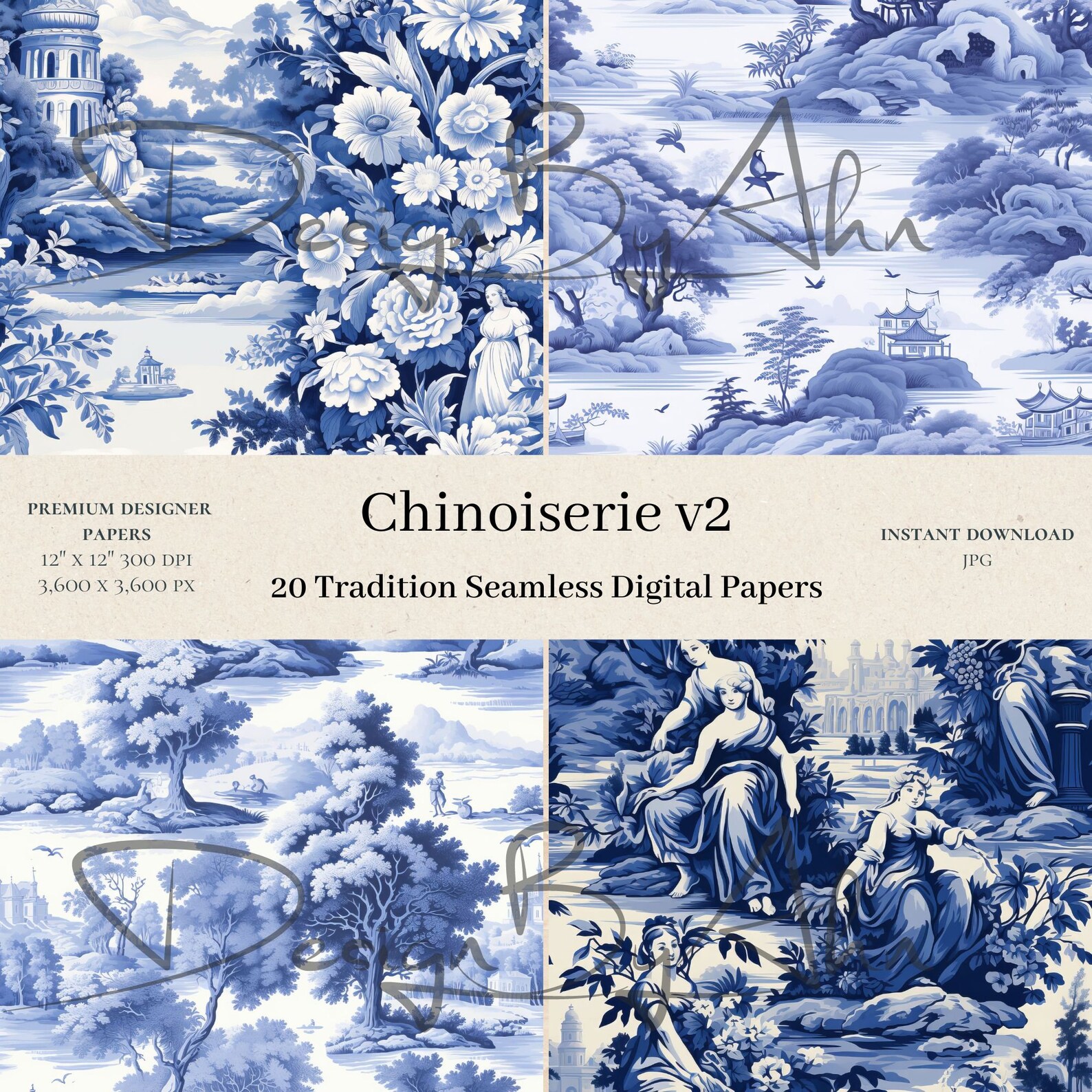 20 Chinoiserie Digital Papers - Flower Scrapbook, Seamless Digital ...