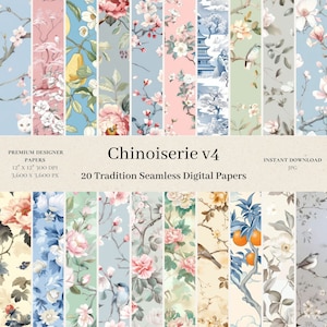 20 Chinoiserie Digital Papers - Flower Scrapbook, Seamless Digital Paper, Asian Junk Journal, Bird Background, French Toile De Jouy, v4
