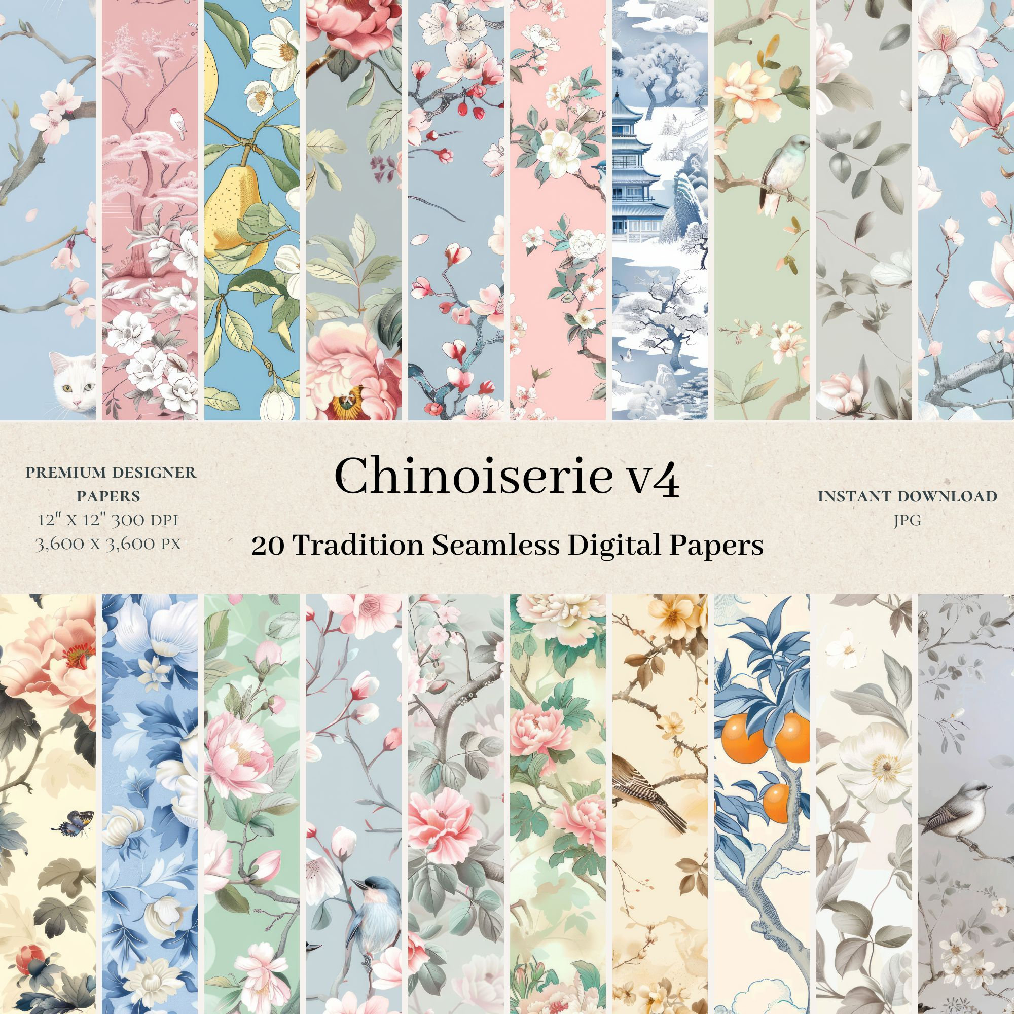 20 Chinoiserie Digital Papers - Flower Scrapbook, Seamless Digital Paper, Asian Junk Journal, Bird Background, French Toile De Jouy, v4