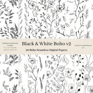 May include: A set of 20 digital papers featuring black and white floral patterns. The patterns include flowers, leaves, and branches. The papers are 12 inches by 12 inches and 300 DPI.  Black & White Boho v2. Instant Download JPG.