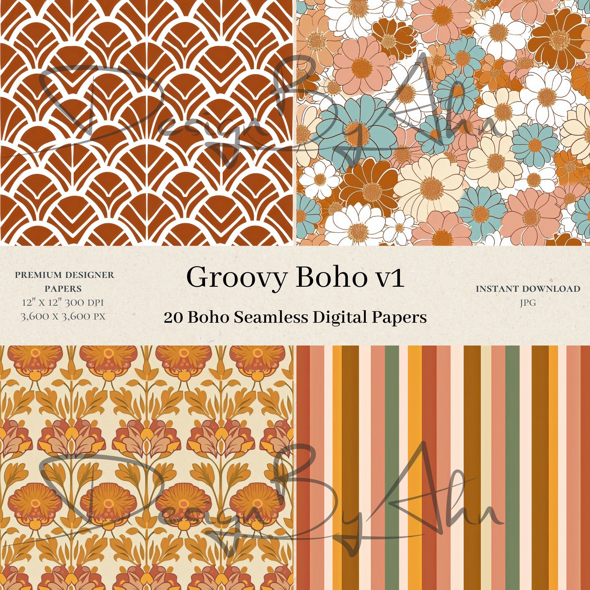 20 Boho Groovy Digital Papers - Commercial Use, Seamless