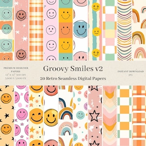 20 Digitale Papiere mit Groovy Smiles - Nahtlose Muster, Kommerzielle Nutzung, Scrapbook Papier, Retro Muster, Hippie Muster, Smiley Gesicht Design, v2