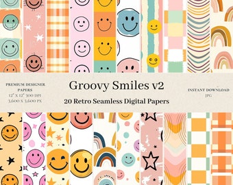20 Groovy Smiles Digital Papers - Seamless Patterns, Commercial Use, Scrapbook Paper, Retro Patterns, Hippie Pattern, Smiley Face Design, v2