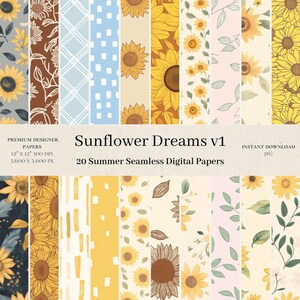 Puede incluir: Un conjunto de 20 papeles digitales con diseños de girasoles en varios colores y patrones. Los papeles miden 30,5 cm por 30,5 cm y tienen una resolución de 300 DPI. El título "Sunflower Dreams v1" se muestra en la parte superior de la imagen.