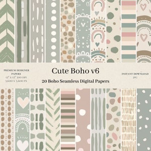 Puede incluir: Un conjunto de 20 papeles digitales con lindos patrones boho en tonos de marrón, verde, rosa y blanco. Los patrones incluyen arcoíris, corazones, puntos, rayas y flechas. Los papeles miden 30,5 cm por 30,5 cm y 300 DPI.