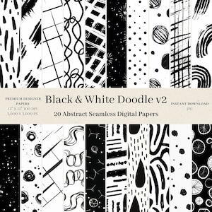 20 Black & White Doodle Digital Papers - Doodle Scrapbook, Hand Drawn Digital Paper, Seamless Pattern, Simple Background, Commercial Use, v2