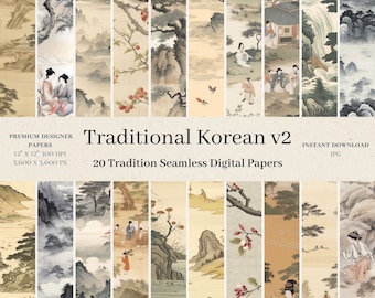 20 Traditional Korean Digital Papers - Hand-Drawn Scrapbook, Seamless Digital Paper, Asia Pattern, Digital Background, 18th Century Art, v2