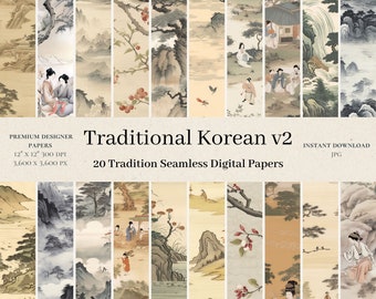 20 Traditional Korean Digital Papers - Hand-Drawn Scrapbook, Seamless Digital Paper, Asia Pattern, Digital Background, 18th Century Art, v2