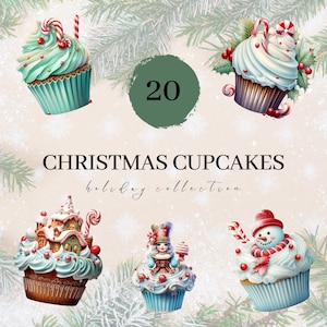20 Christmas Cupcakes Clipart Set - Transparent Background, Digital PNG, Commercial Use, Winter Sweets, Christmas Treat, Snowman, Fantasy