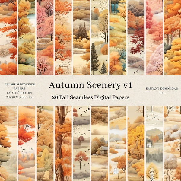20 Autumn Scenery Digital Papers - Watercolor Seamless Pattern, Forest Digital Paper, Landscape, Fall Scenery, Commercial Use, JPG v1