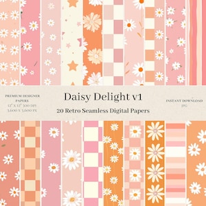 20 documenti digitali Daisy Delight - carta digitale retrò senza soluzione di continuità, motivo ripetuto pastello, album di ritagli Spring Daisy Boho, uso commerciale, JPG v1