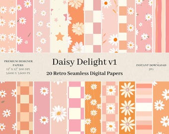 20 Daisy Delight Digital Papers - Retro Seamless Digital Paper, Pastel Repeat Pattern, Spring Daisy Boho Scrapbook, Commercial Use, JPG v1