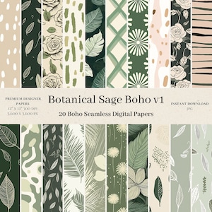 20 Botanical Sage Boho Digital Papers - Floral Scrapbook, Modern Seamless Digital Pattern, Trendy Leaf Print, Commercial Use, JPG v1
