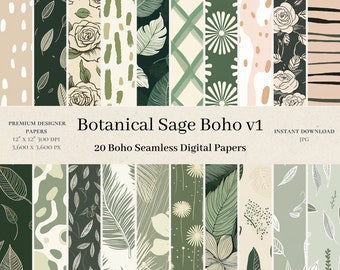 20 digitala papper med botanisk salvia, boho-motiv - blommig scrapbooking, modernt sömlöst digitalt mönster, trendigt lövtryck, kommersiellt bruk, JPG v1