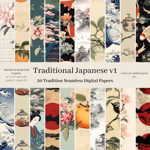 20 Traditionelle Japanische Digitale Papiere - Grunge Scrapbook, Nahtloses Digitales Papier, Asien Muster, Vintage Hintergrund, Kirschblüte, Koi, v1