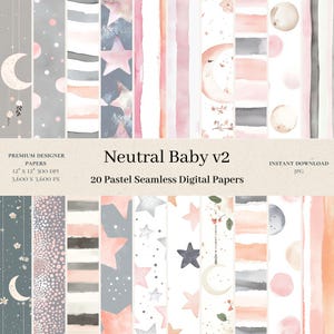 20 Neutral Baby Digital Papers - Watercolor Seamless Digital Paper, Sweet Dreams, Pink Grey Scrapbook, Stars Moon Nursery Paper, JPG v2