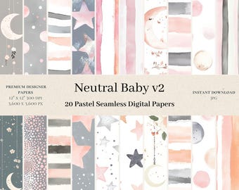 May include: A collection of 20 pastel seamless digital papers with a neutral baby theme. The designs include moons, stars, watercolor stripes, and dots in shades of gray, pink, and peach. The papers are 12" x 12" at 300 DPI.