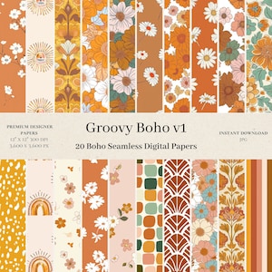20 Boho Groovy Digital Papers - Commercial Use, Seamless Pattern, Groovy 70s Flower Vintage Art, Scrapbook Paper, Hippie Designer Background