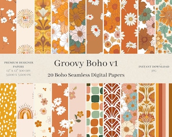 20 Boho Groovy Digital Papers - Commercial Use, Seamless Pattern, Groovy 70s Flower Vintage Art, Scrapbook Paper, Hippie Designer Background