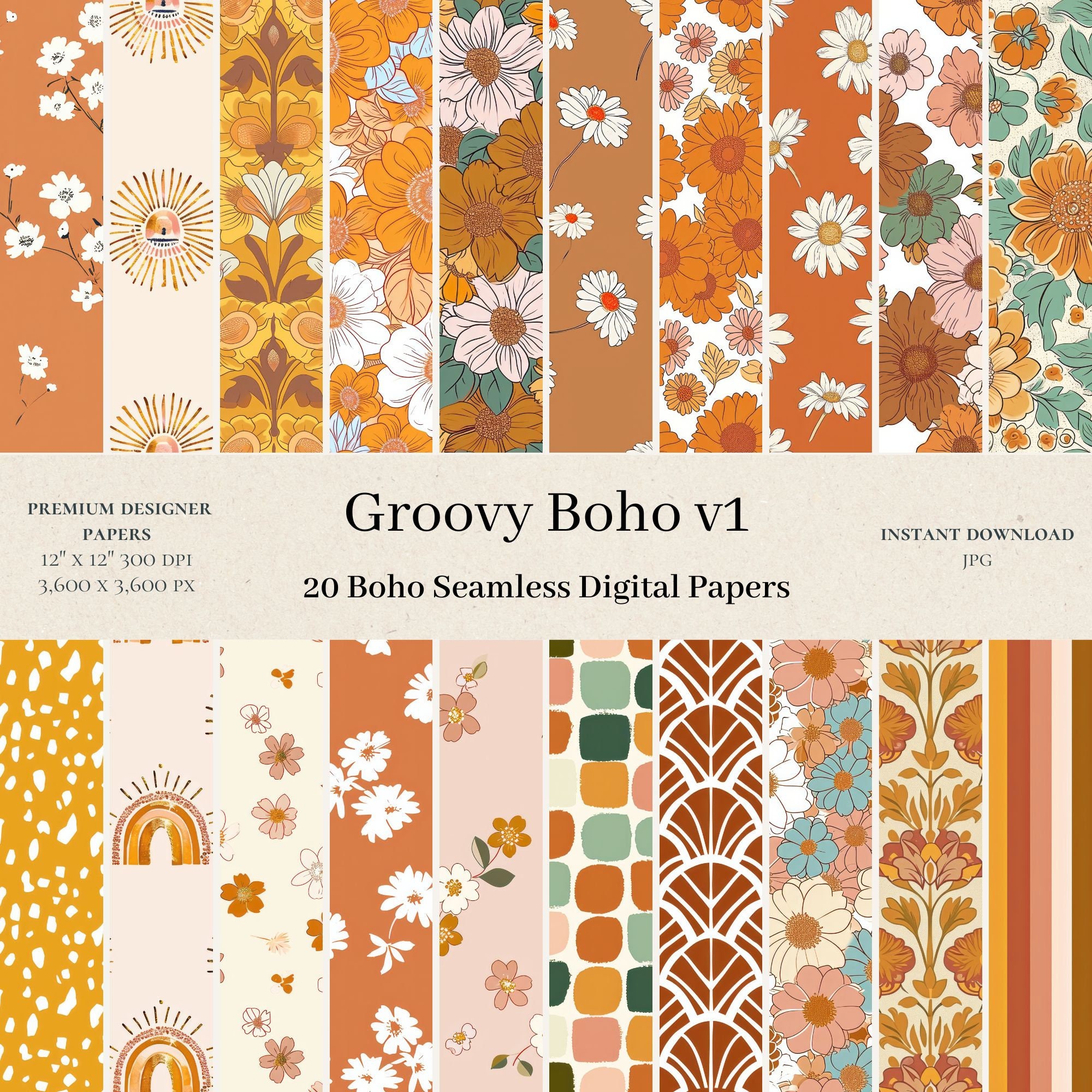20 Boho Groovy Digital Papers - Commercial Use, Seamless