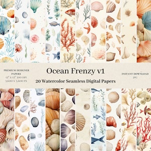20 Ocean Frenzy Digital Papers - Seashell Seamless Pattern, Aquatic Digital Paper, Watercolor Scrapbook, Junk Journal, Coral, Stones, v1