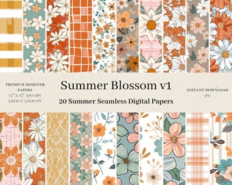 20 Summer Blossom Digital Papers - Floral Scrapbook, Summer Digital Paper, Bloom Seamless Pattern, Flower Backgrounds, Trendy, Watercolor v1
