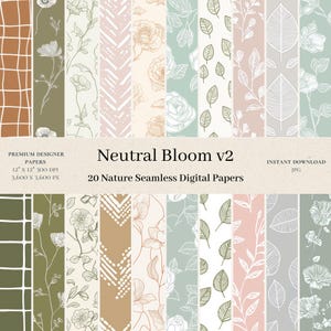 Puede incluir: Un conjunto de 20 papeles digitales con patrones inspirados en la naturaleza en colores neutros. Los patrones incluyen diseños florales, hojas, formas geométricas y texturas. Los papeles miden 30,5 cm por 30,5 cm y 300 DPI.
