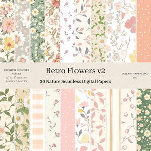 20 Retro Flowers Digital Papers - Beige & Peach Seamless Pattern, Ditsy Floral Junk Journal, Pastel Flower Scrapbook, Commercial Use v2