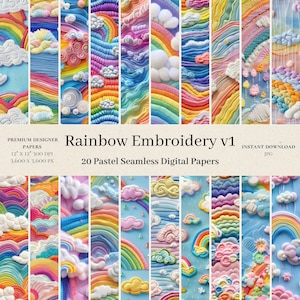 Puede incluir: 20 papeles digitales con un diseño de bordado de arcoíris en colores pastel, nubes y arcoíris. Los papeles miden 30,48 cm x 30,48 cm y 300 DPI.