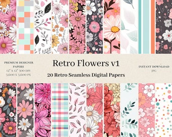 20 Retro Flowers Digital Papers - Commercial Use, Scrapbook Paper, Retro Patterns, Hippie Pattern, 50s - Flower Design - Instant Download v1