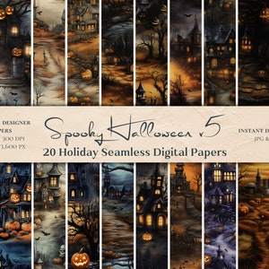 20 Spooky Halloween Digital Papers - PNG, JPG, Pumpkin Seamless Pattern, Landscape Digital Paper, Scrapbook, Watercolor, Commercial Use, v5