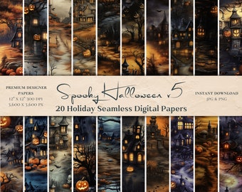 20 Spooky Halloween Digital Papers - PNG, JPG, Pumpkin Seamless Pattern, Landscape Digital Paper, Scrapbook, Watercolor, Commercial Use, v5