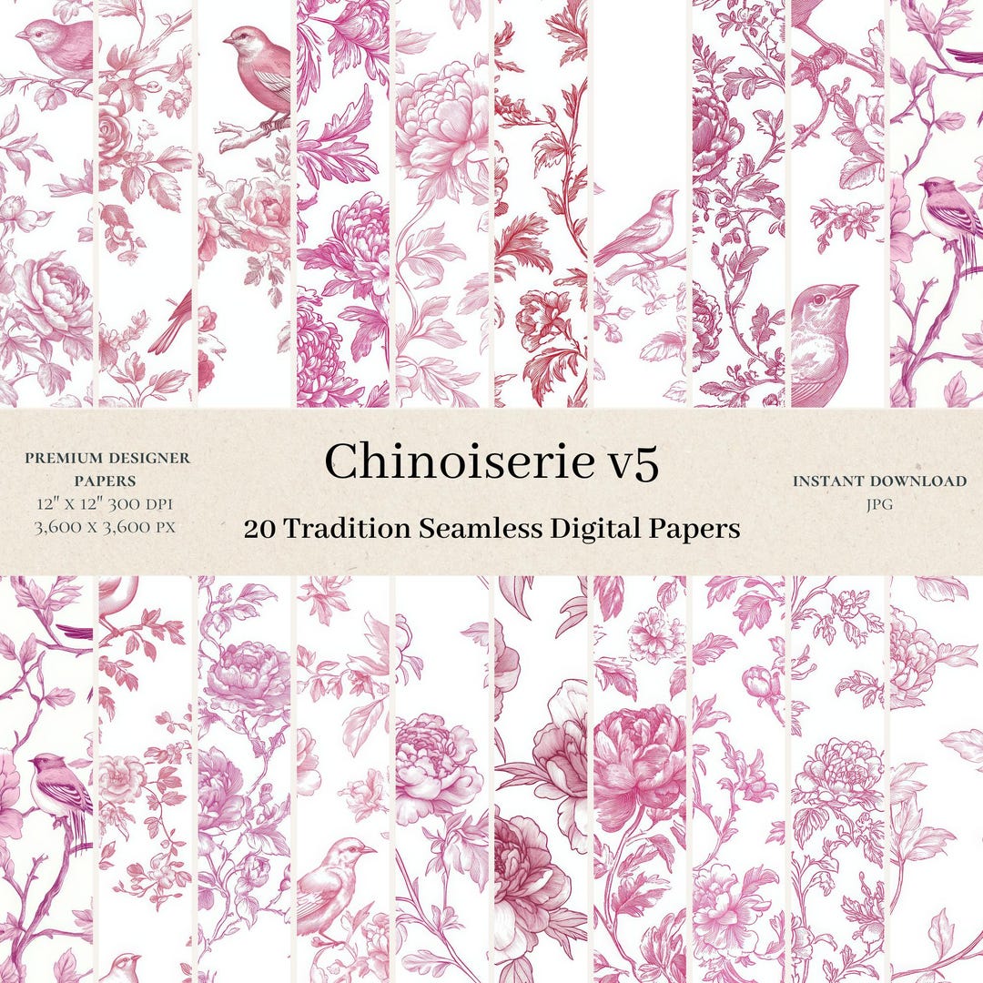 20 Chinoiserie Digital Papers - Dusty Rose Seamless Pattern, Vintage ...