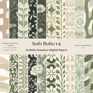 20 Soft Boho Digital Papers - Botanical Seamless Pattern Background, 20 JPGs, 300dpi, 12x12 inches, Instant Download, Modern Sage v4