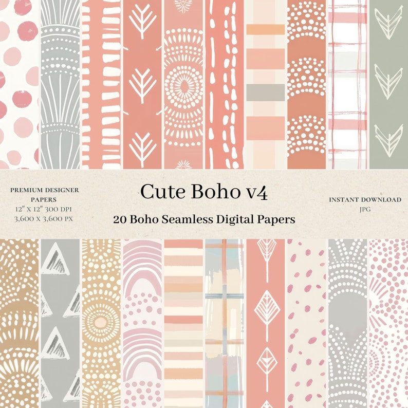 20 Cute Boho Digital Papers - Commercial Use, Scrapbook Paper ...