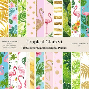 May include: A set of 20 digital papers featuring tropical patterns with flamingos, palm leaves, flowers, and gold glitter. The papers are 12 inches by 12 inches and 300 DPI.