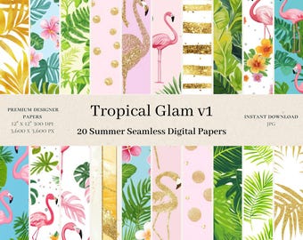 20 Tropical Glam Digital Papers - Gold Glitter Seamless Pattern, Flamingo Digital Paper, Summer Scrapbook, Monstera, Commercial use v1