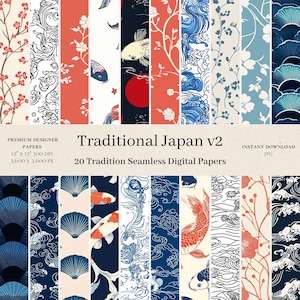 Puede incluir: 20 papeles digitales con diseños tradicionales japoneses. Los papeles incluyen patrones de peces koi, flores de cerezo, olas y abanicos en azul, rojo y blanco.