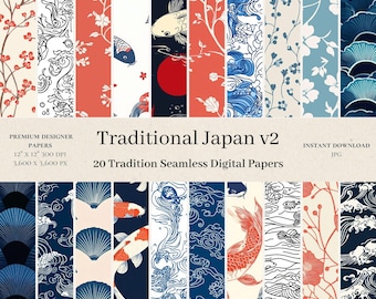 May include: 20 digital papers featuring traditional Japanese designs. The papers include patterns of koi fish, cherry blossoms, waves, and fans in blue, red, and white.
