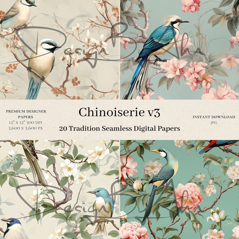20 Chinoiserie Digital Papers - Flower Scrapbook, Seamless Digital ...