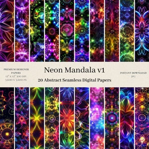Puede incluir: 20 papeles digitales con diseños abstractos de mandalas de neón en colores vibrantes como rosa, azul, verde, amarillo y naranja. Los diseños son sin costuras y se pueden utilizar para una variedad de proyectos.