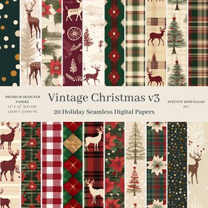 May include: A set of 20 digital papers featuring vintage Christmas designs. The papers include patterns of plaid, polka dots, deer, poinsettias, Christmas trees, and more. The papers are 12 inches by 12 inches and 300 DPI.