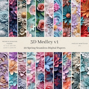 20 3D Medley Digital Papers - Sublimination Scrapbook, Seamless Digital Paper, 3D Flower Pattern, Spring Backgrounds, Commercial Use, v1