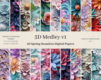 May include: A digital paper pack with 20 seamless patterns featuring 3D paper flowers in various colors and styles. The pack is titled "3D Medley v1" and includes 12-inch by 12-inch digital papers at 300 DPI.