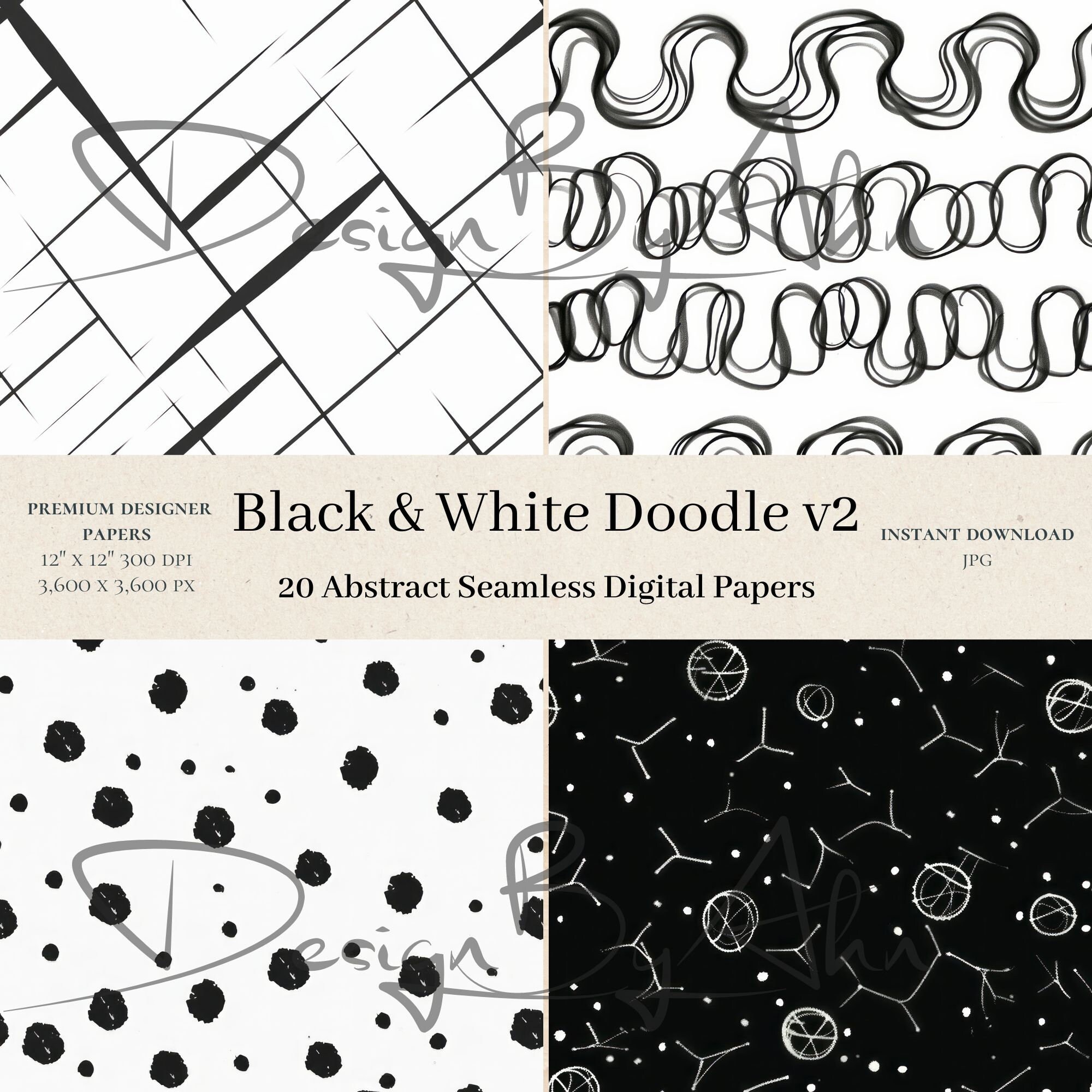 20 Black & White Doodle Digital Papers - Doodle Scrapbook, Hand Drawn ...