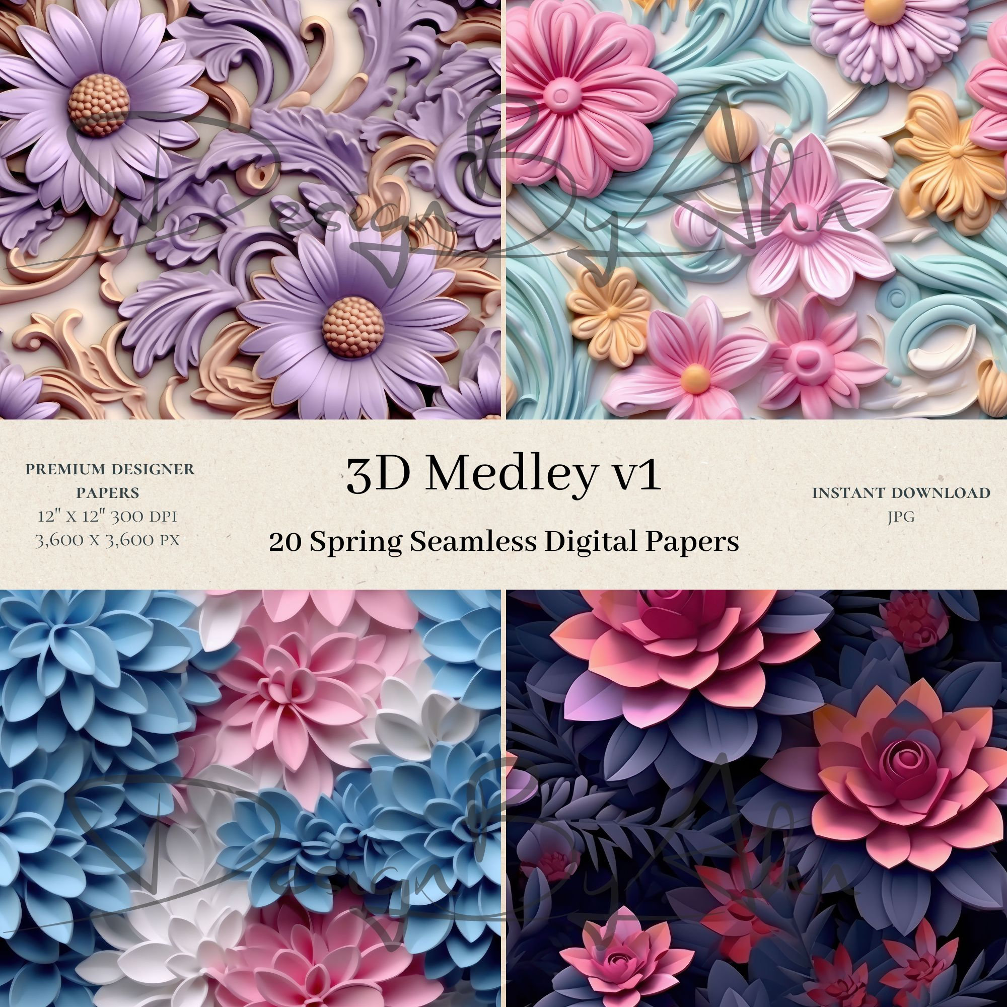 20 3D Medley Digital Papers - Sublimination Scrapbook, Seamless Digital ...