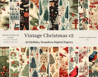 20 Vintage Christmas Digital Papers - Winter Seamless Pattern, Old Digital Paper, Chirstmas Tree Scrapbook, Junk Journal, Holiday v2