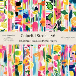 May include: 20 digital papers with abstract colorful strokes and fruit designs. The papers are 12 inches by 12 inches and 300 DPI. The papers are seamless and can be used for scrapbooking, card making, and other crafts.