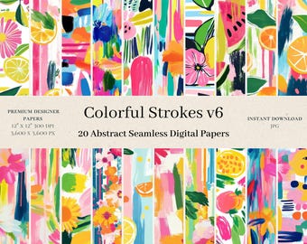 20 Colorful Strokes Digital Papers - Rainbow Seamless Digital Paper, Neon Repeat Pattern, Scrapbook, Abstract Fruits Floral, Printable, v6