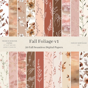20 Fall Foliage Digital Papers - Floral Digital Paper, Scrapbook, Wedding Paper, Watercolor Seamless Pattern, Commercial Use, JPG v1